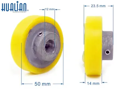 RPA-23H RUEDA DE POLIURETANO DE ESTAMPADO / RODILLO DE PRESIÓN DE SELLADORA DE BANDA CONTINUA HUALIAN 770/810/900/1000 / 50x12x23.5x14MM / AMARILLO