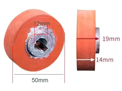RPO-19 RUEDA DE HULE SOLIDO DE ESTAMPADO / RODILLO DE PRESIÓN DE SELLADORA DE BANDA CONTINUA 770/810/900/1000 / 50x12x18x14MM / NARANJA